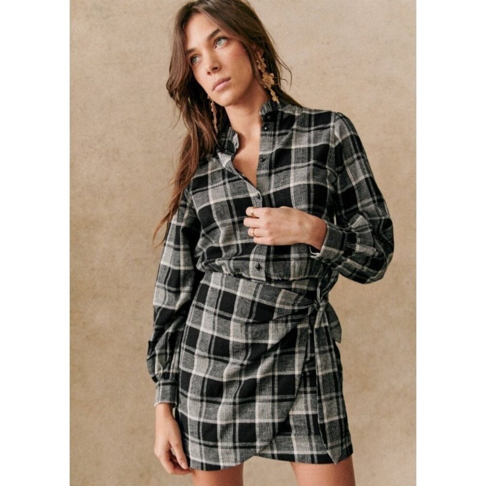Sezane Black Gray Ruffle Plaid Flannel Long Sleeve Mini Capri Dress Size 10 | 42